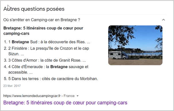 Aperçu du résultat de Google suite à une recherche sur la requête “faire du camping car en Bretagne”