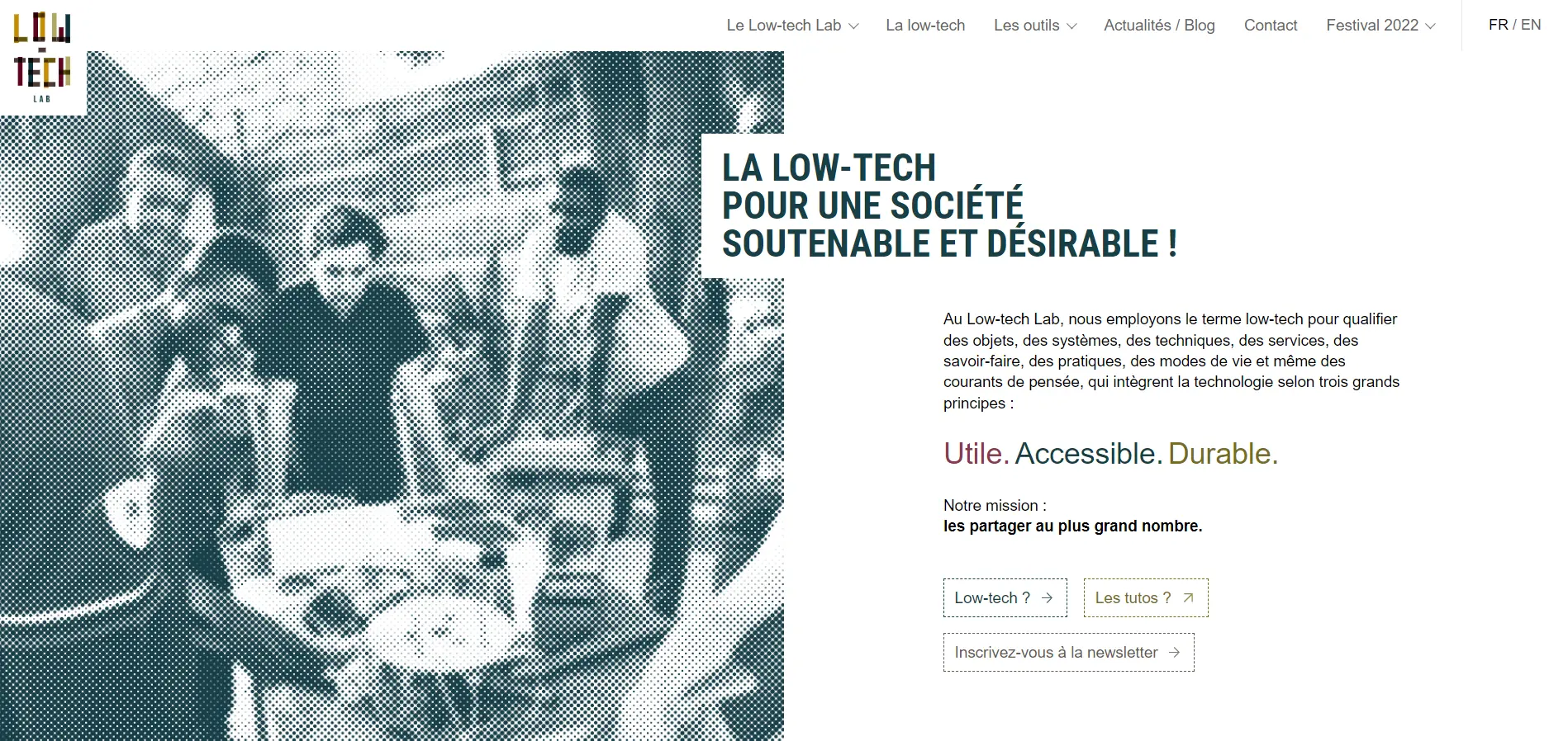 Capture d'écran de la page d'accueil du site de Low-Tech Lab
