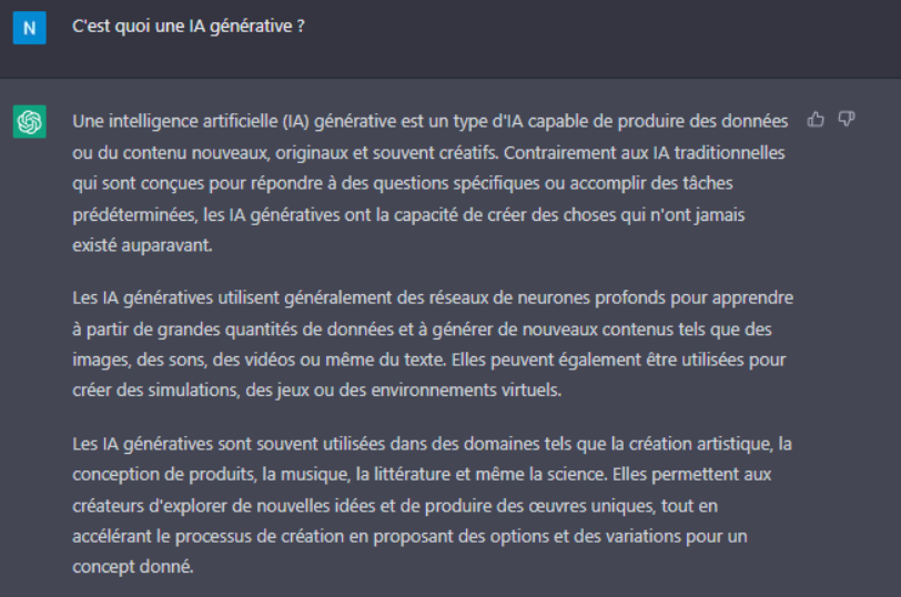 Réponse d'une IA à la question "C'est quoi une IA générative" ?