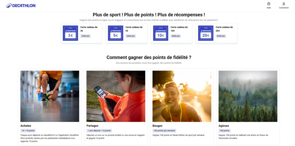 Aperçu de l'accueil du programme de fidélité de Décathlon