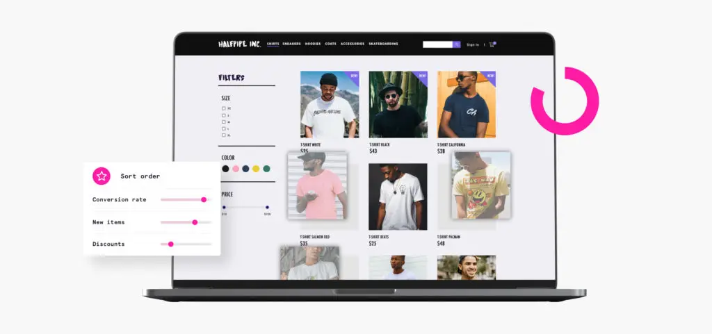 Illustration d'une interface de catalogue e-commerce avec des indicateurs de conversion