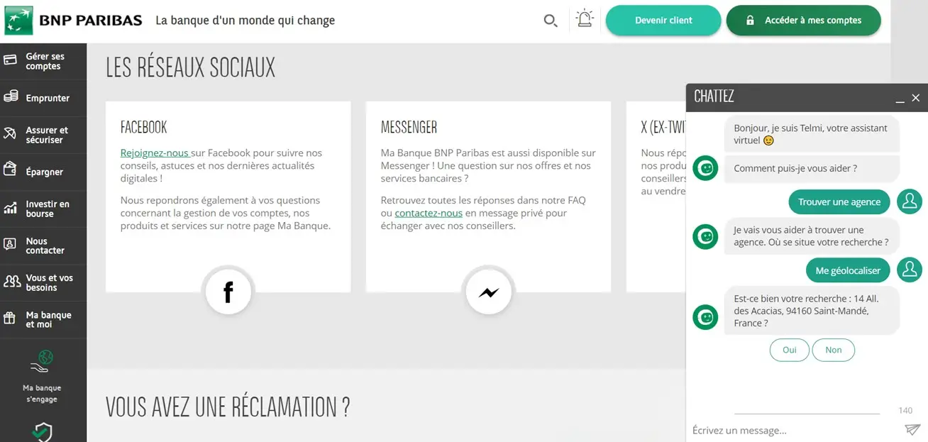 Aperçu du chatbot du service client sur le site de la banque BNPP