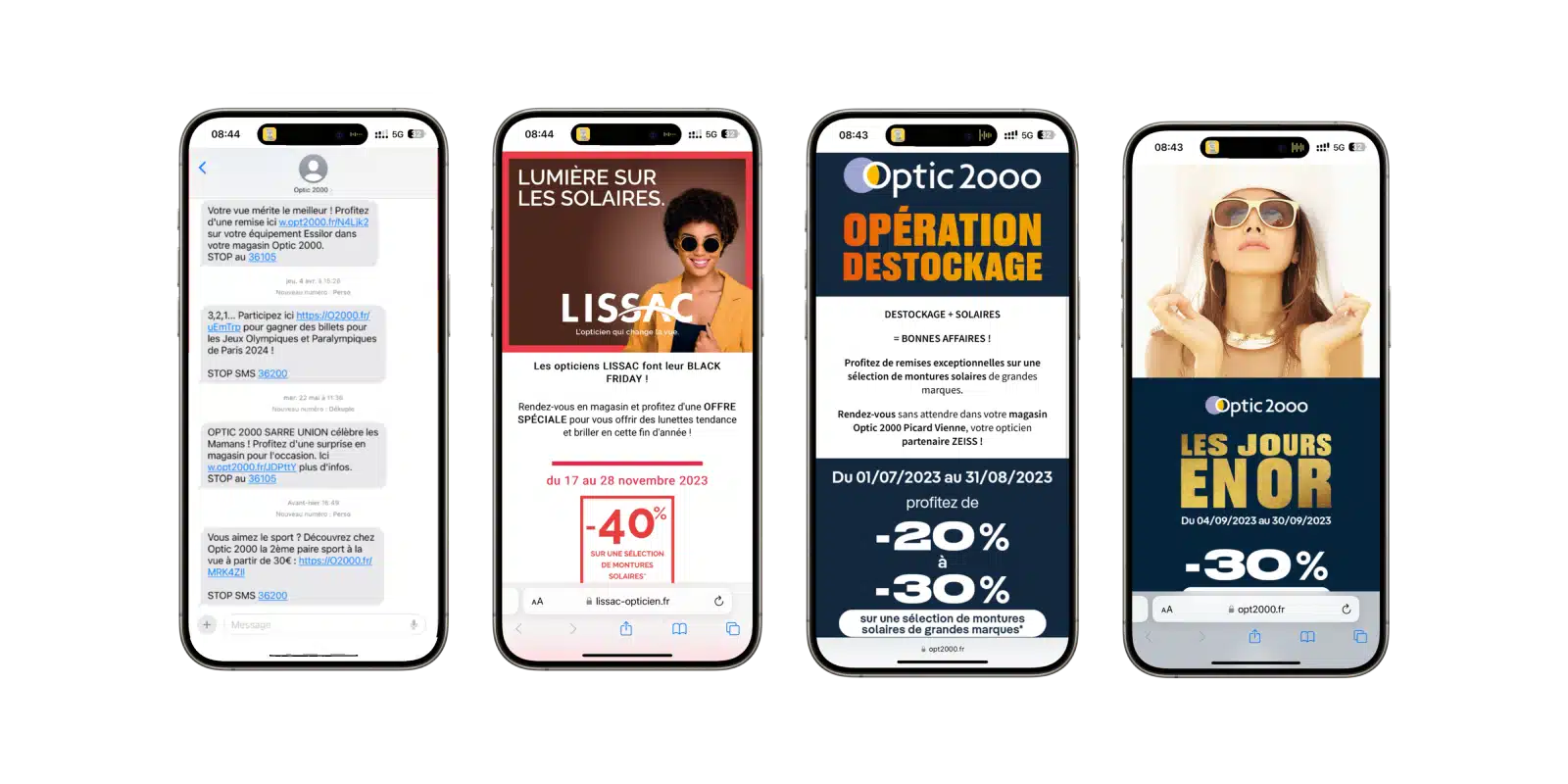 Exemple de messages SMS et de landing pages pour des campagnes de prospection Optic2000 et Lissac