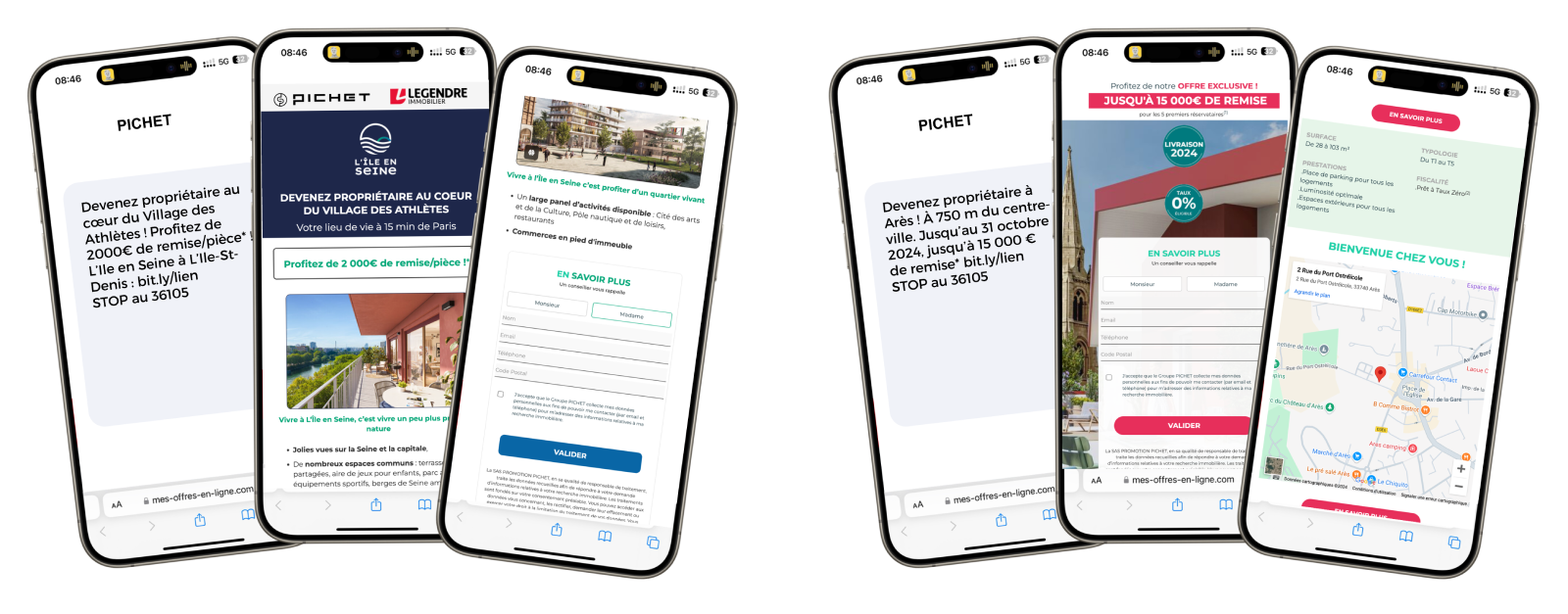 Exemples de campagnes de rich SMS diffusées par Dékuple pour Pichet Immobilier