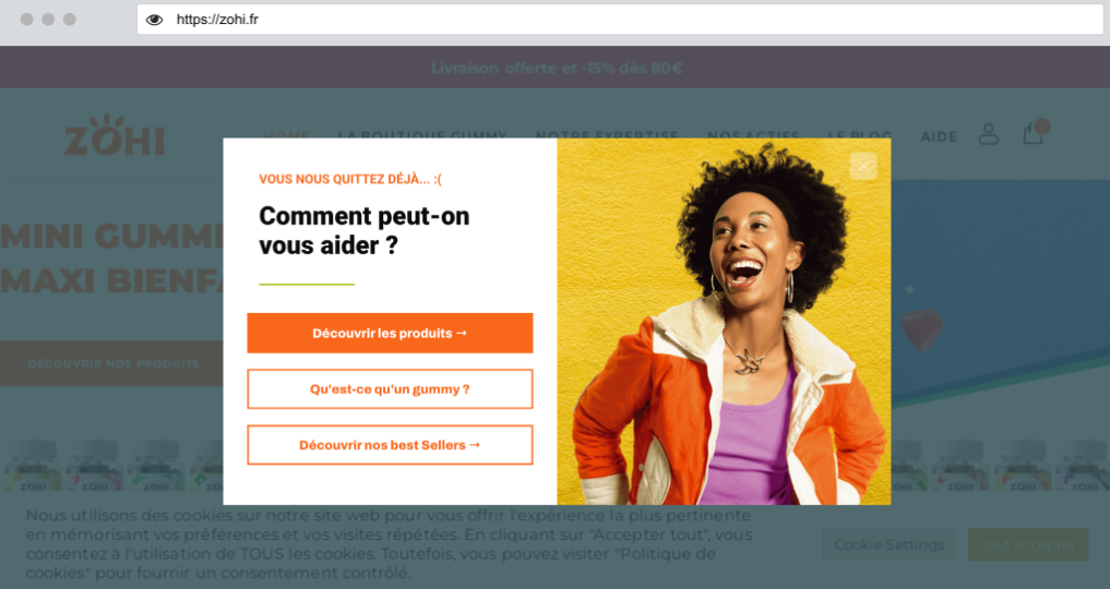 Exemple de smart popin sur le site de ZOHI, pour orienter le visiteur