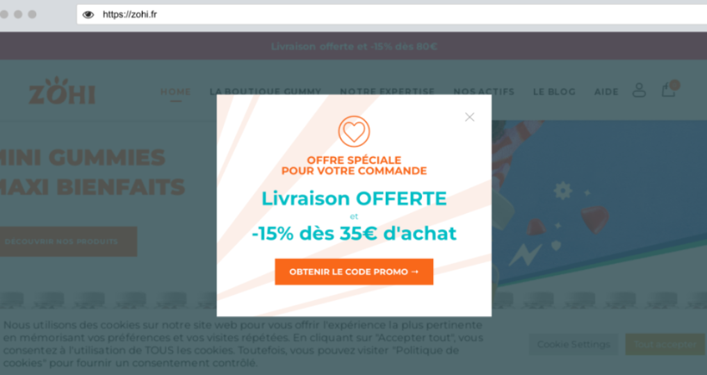 Exemple de smart popin sur le site de ZOHI, pour favoriser l'achat