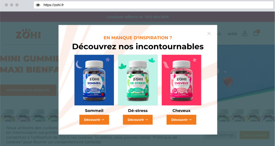 Exemple de smart popin sur le site de ZOHI, pour inciter à découvrir les produits