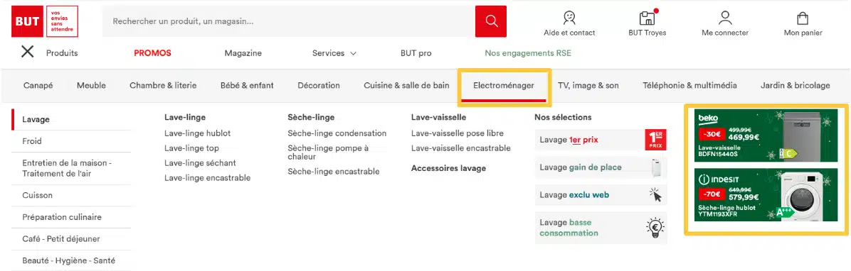 Exemple d'encart publicitaire pour la marque d'électroménager Beko sur le site de BUT