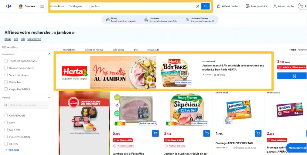 Exemples de bannières pour l'annonceur Herta sur le site de Carrefour